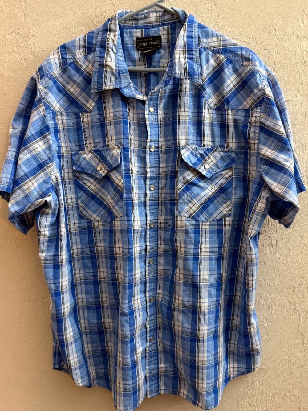High Noon Blue Plaid short sleeved Men's 2XL shirt, Button-up